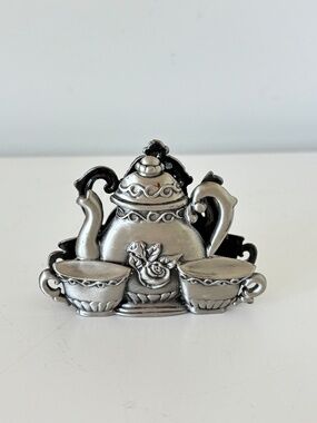 Vintage Pewter napkin holder small teapot and teacups metal business card holder